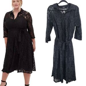Torrid Womens Maxi Lace Shirt Dress Sz 1 Black Button Down Belted Cocktail Party